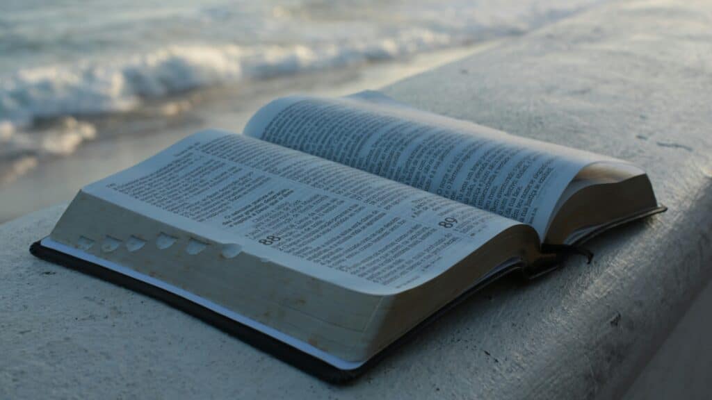 photo shows an open bible sitting on concrete